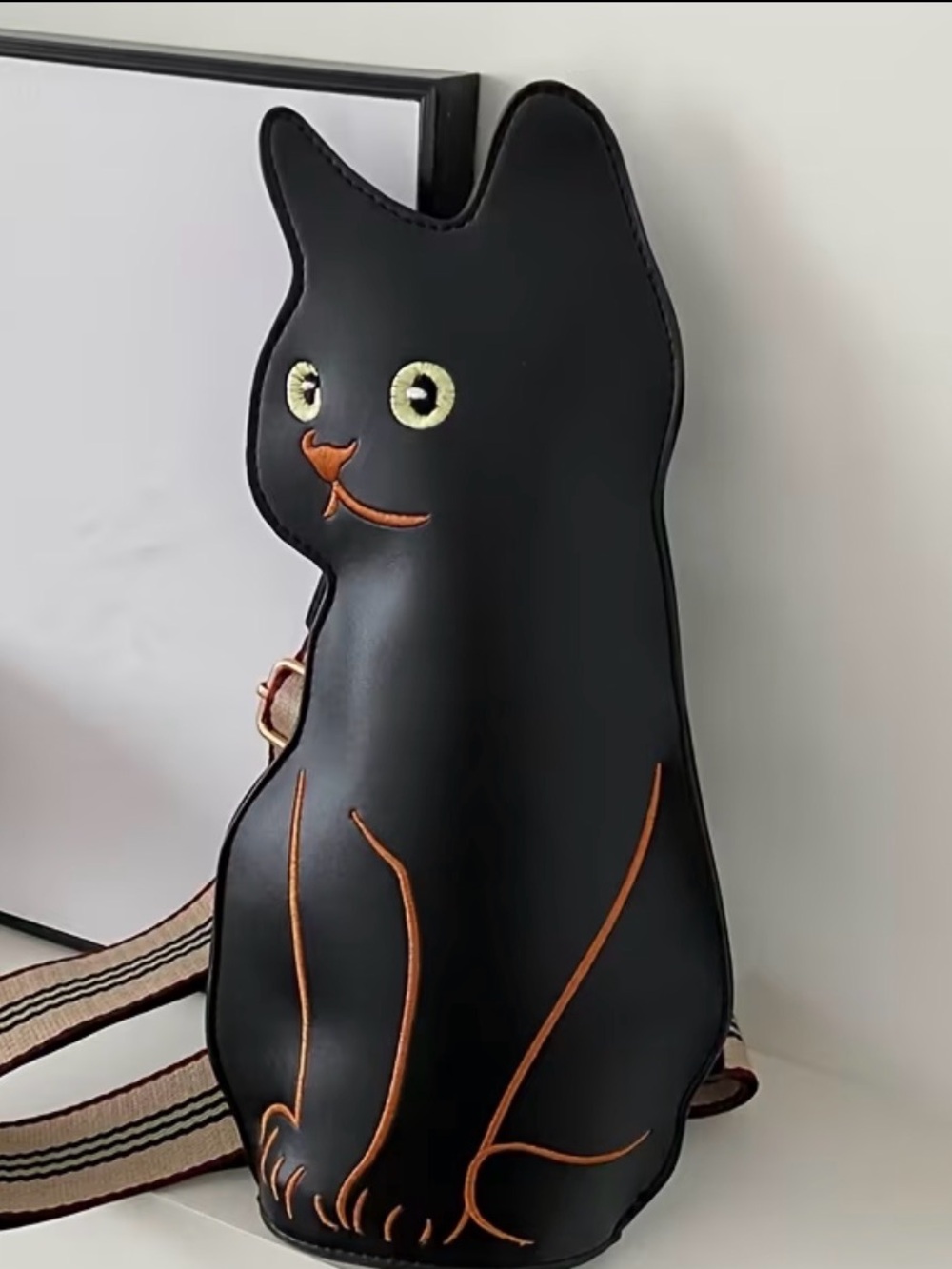 Black Cat-Shaped Crossbody Bag with Tan Stitching - Unknown Brand